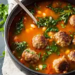 A steaming bowl of meatball soup with carrots and macaroni in a savory red broth.