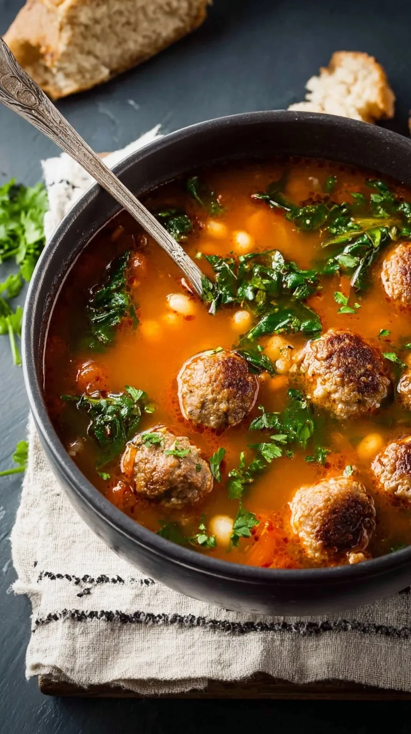 A steaming bowl of meatball soup with carrots and macaroni in a savory red broth.