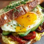 A toasted Mediterranean breakfast sandwich with fried eggs, hummus, spinach, and feta cheese on a white plate.