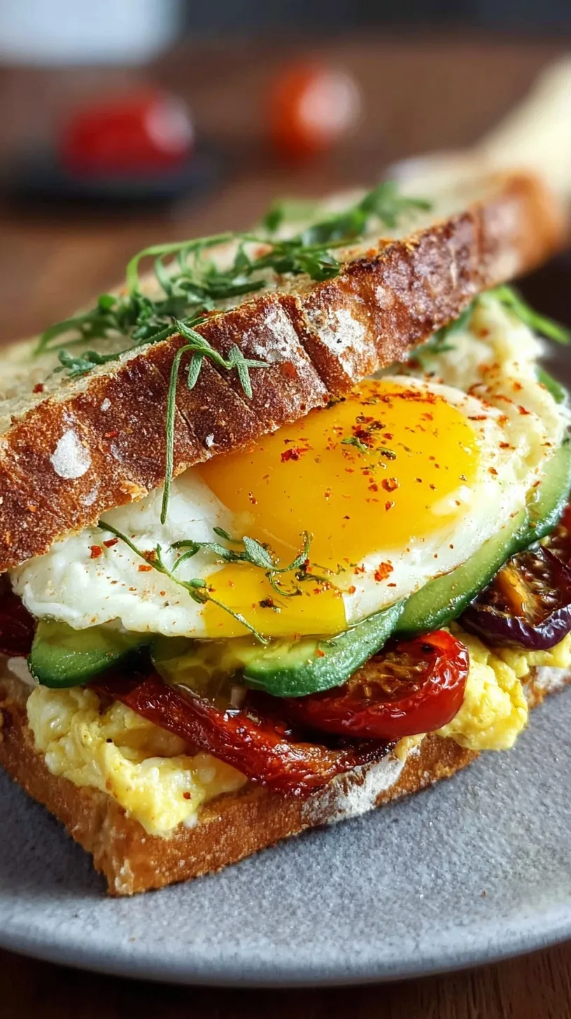 A toasted Mediterranean breakfast sandwich with fried eggs, hummus, spinach, and feta cheese on a white plate.