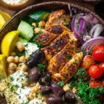 A colorful Mediterranean Chicken Bowl with quinoa, grilled chicken, cucumbers, and feta cheese in a meal prep container.