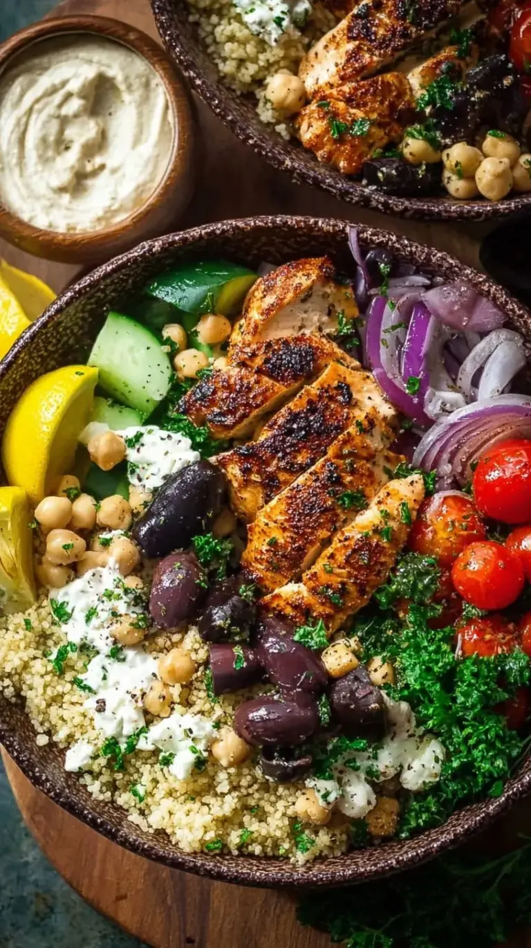 A colorful Mediterranean Chicken Bowl with quinoa, grilled chicken, cucumbers, and feta cheese in a meal prep container.