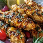 Golden baked Mediterranean chicken tenders garnished with fresh parsley on a baking sheet.