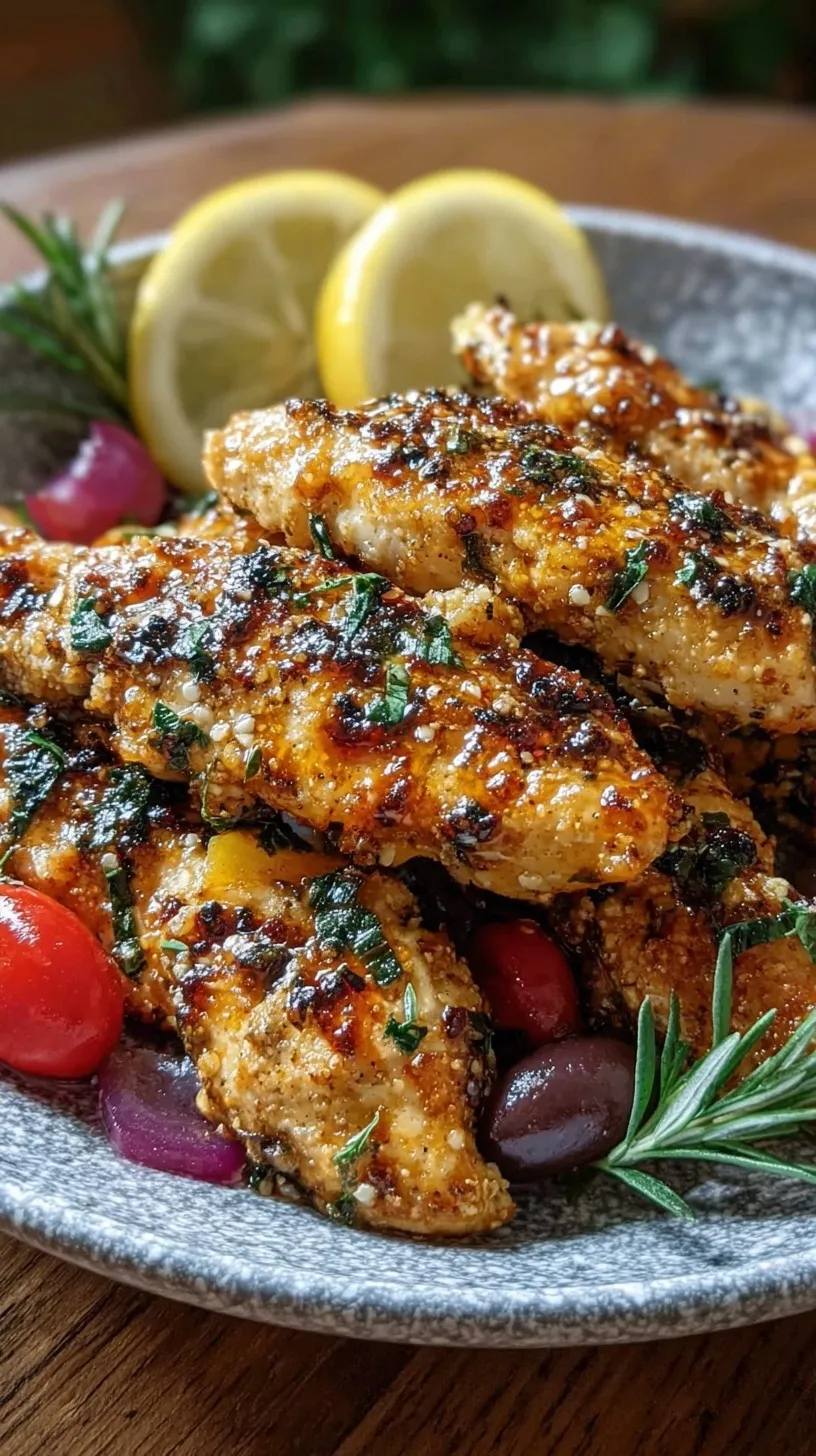 Golden baked Mediterranean chicken tenders garnished with fresh parsley on a baking sheet.