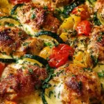 A colorful Mediterranean Chicken Zucchini Bake with feta cheese and fresh parsley in a baking dish.