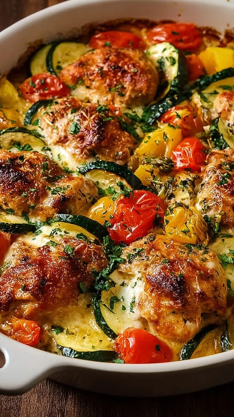 A colorful Mediterranean Chicken Zucchini Bake with feta cheese and fresh parsley in a baking dish.