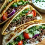 Mediterranean Ground Beef Pita Pockets stuffed with seasoned beef, lettuce, and cucumber