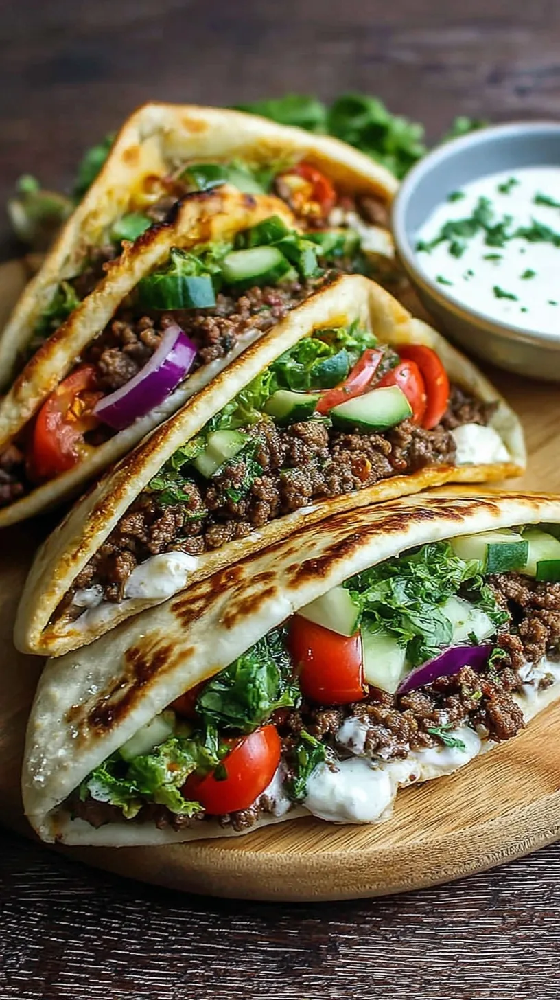 Mediterranean Ground Beef Pita Pockets stuffed with seasoned beef, lettuce, and cucumber