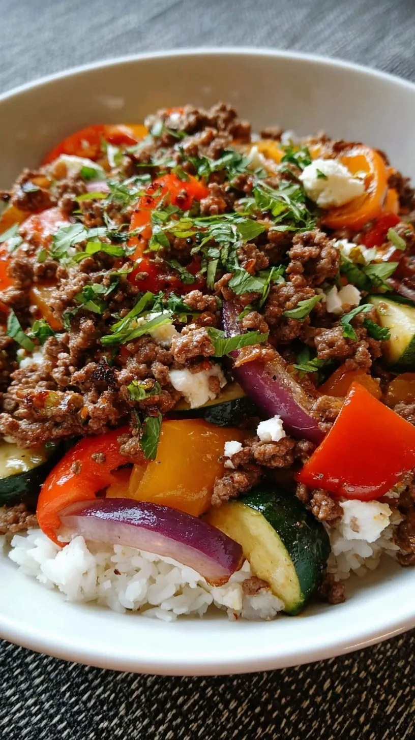 Mediterranean ground beef stir fry in a black skillet with zucchini, tomatoes, and crumbled feta cheese