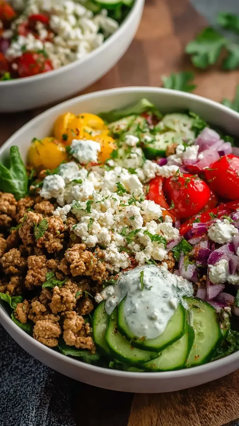 A colorful Mediterranean ground turkey bowl with quinoa, cucumbers, tomatoes, and feta cheese.