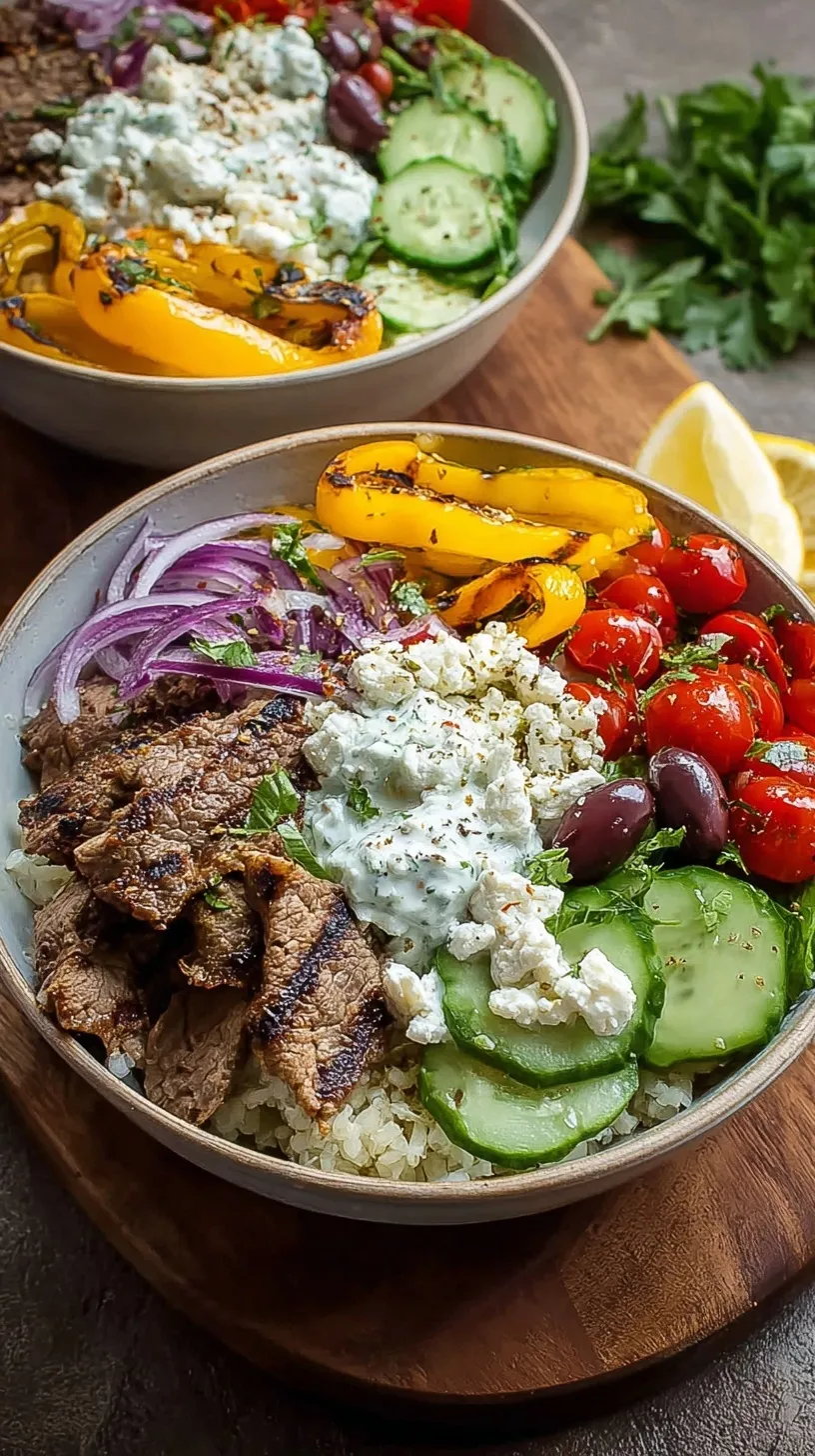 A vibrant Mediterranean gyro bowl with seasoned meat, fresh tomatoes, cucumbers, and creamy tzatziki sauce over rice.