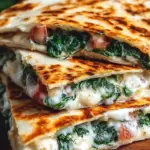 A golden brown whole wheat Mediterranean Quesadilla sliced into wedges showing melted mozzarella and spinach
