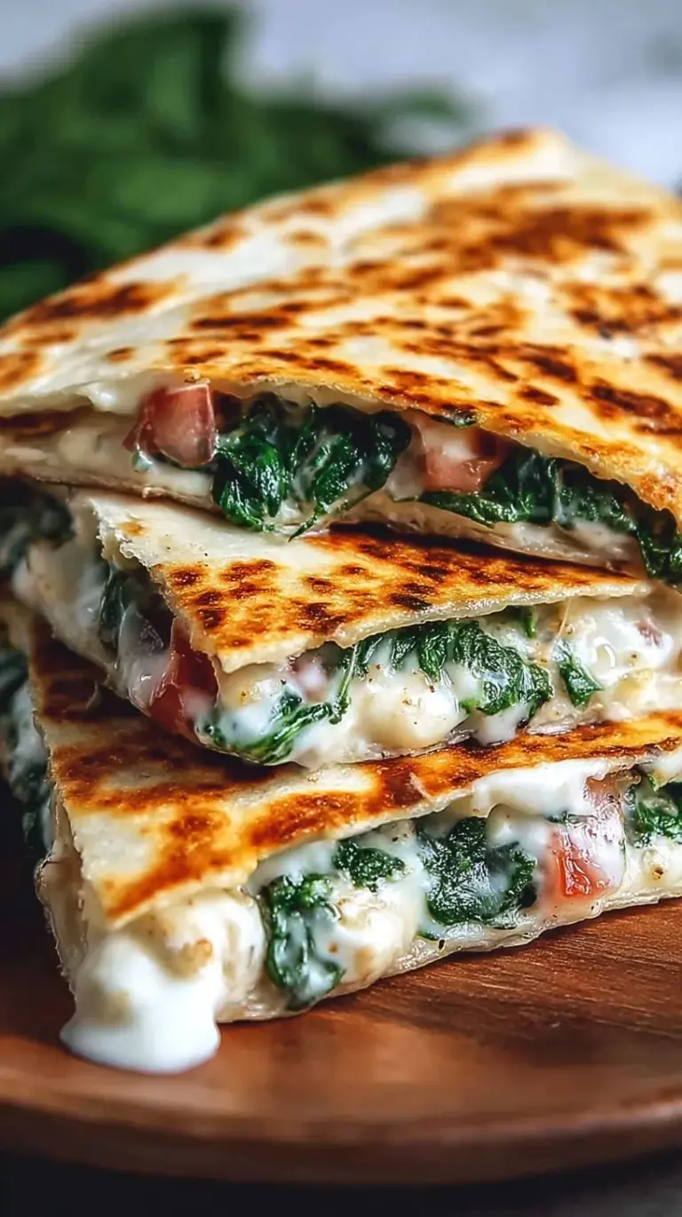 A golden brown whole wheat Mediterranean Quesadilla sliced into wedges showing melted mozzarella and spinach