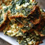 Golden brown spinach and feta cheese crisps arranged on a white plate with a side of yogurt dip.