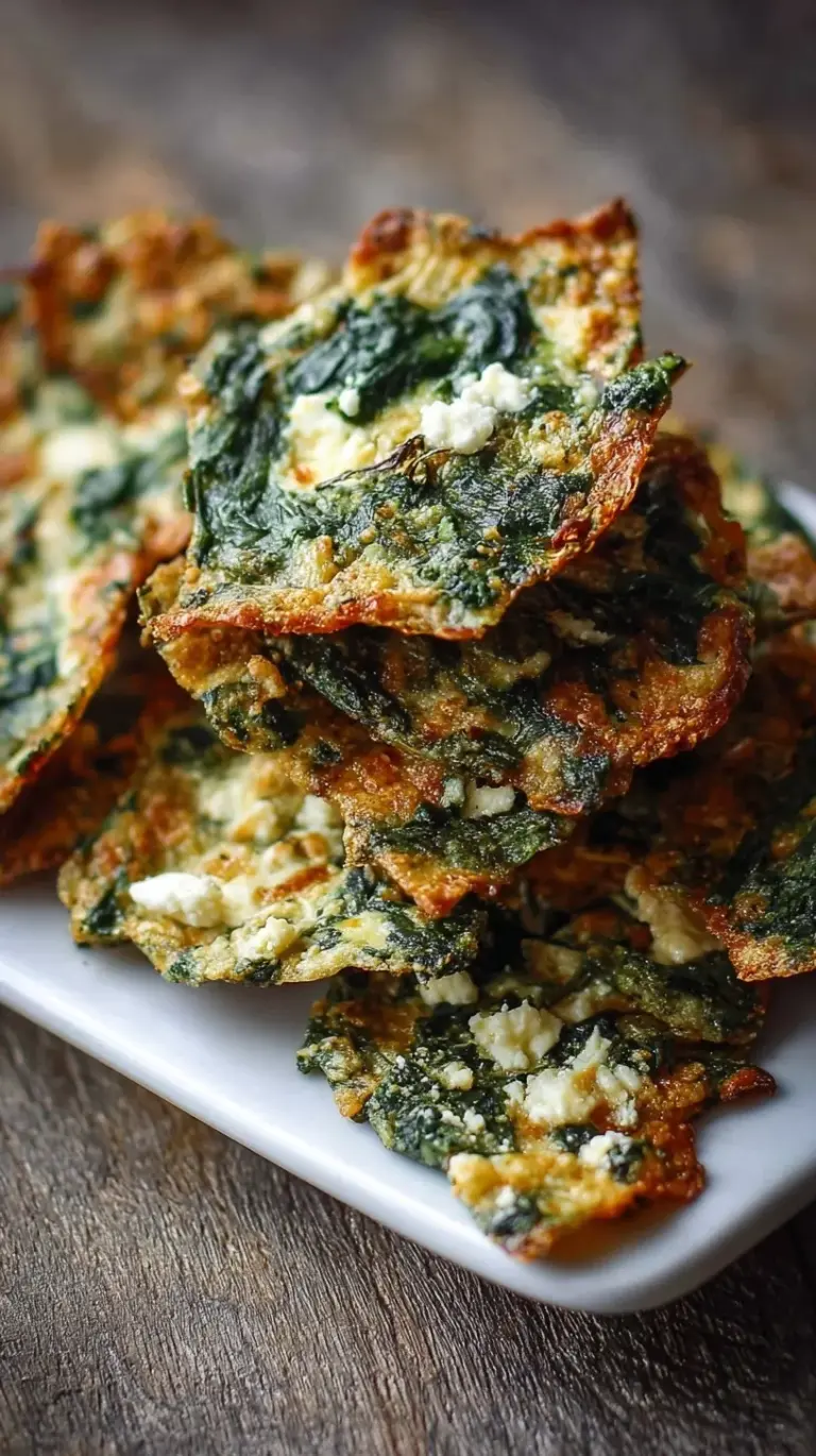Golden brown spinach and feta cheese crisps arranged on a white plate with a side of yogurt dip.