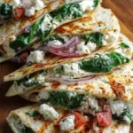 Golden brown toasted quesadillas filled with melted cheese, spinach, and sun-dried tomatoes on a wooden board.