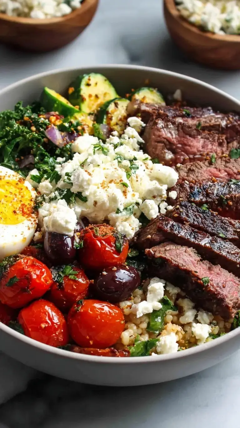 A colorful Mediterranean steak bowl with sliced flank steak, pearl couscous, fresh cucumbers, tomatoes, and creamy tzatziki sauce.