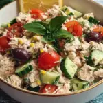 A bright bowl of Mediterranean tuna salad with chickpeas, cucumbers, and olives