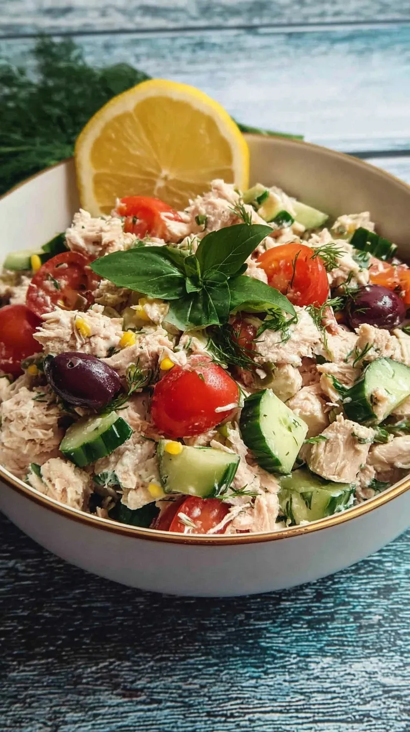 A bright bowl of Mediterranean tuna salad with chickpeas, cucumbers, and olives