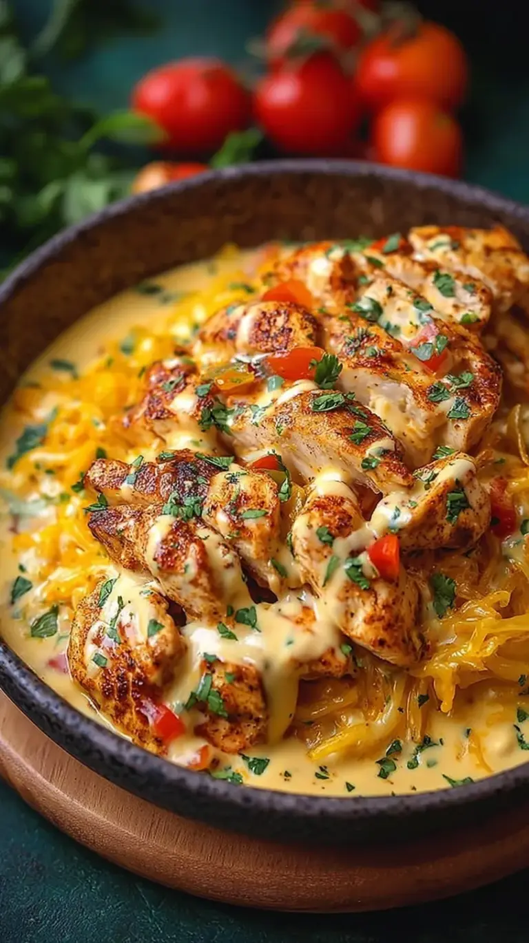 Sizzling Mexican chicken strips and peppers topped with a creamy white cheese sauce in a skillet.