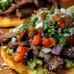Crispy corn tostadas topped with grilled carne asada, refried beans, avocado, and fresh salsa