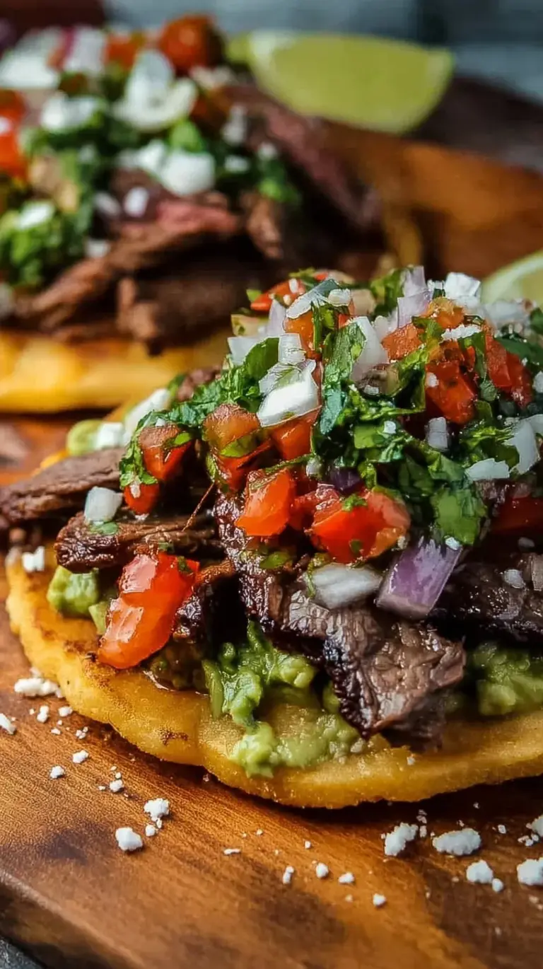 Crispy corn tostadas topped with grilled carne asada, refried beans, avocado, and fresh salsa