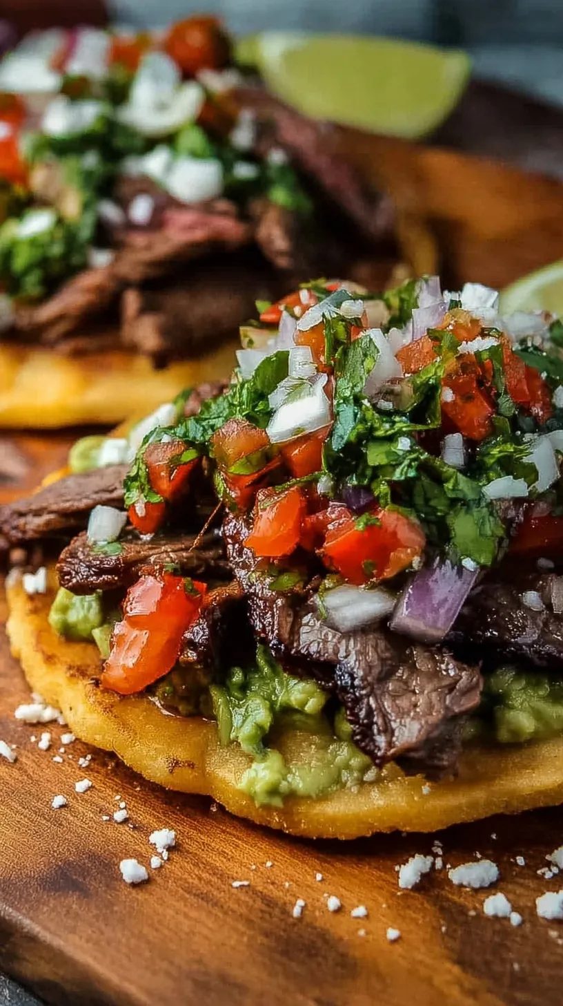 Crispy corn tostadas topped with grilled carne asada, refried beans, avocado, and fresh salsa