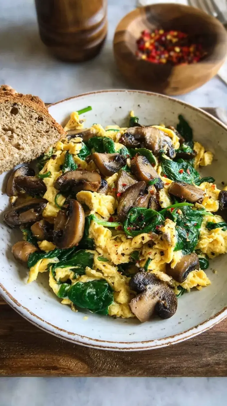 A close up shot of fluffy scrambled eggs with golden mushrooms and bright green spinach topped with melted cheese.