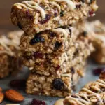 A stack of homemade no-bake high-protein granola bars with dark chocolate chips on parchment paper.