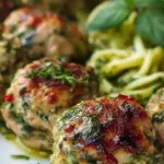 Golden brown pesto turkey meatballs served in a skillet with fresh basil