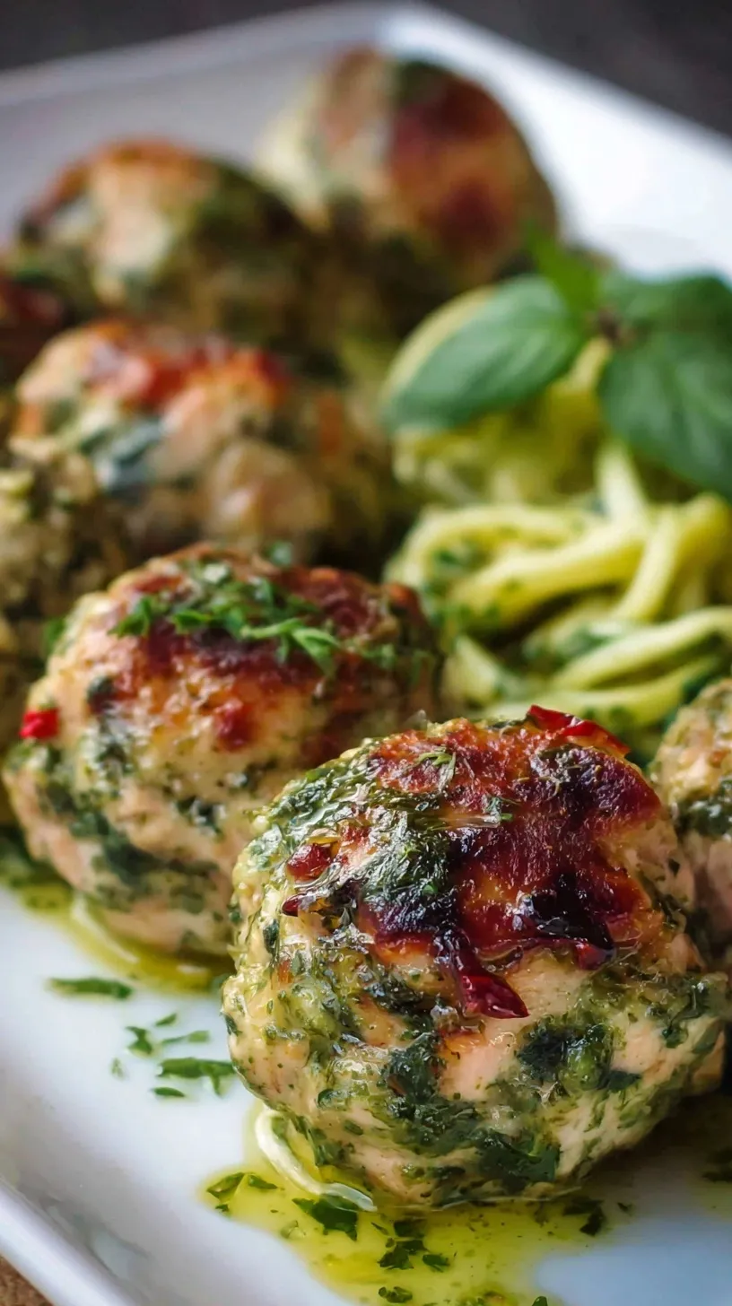 Golden brown pesto turkey meatballs served in a skillet with fresh basil