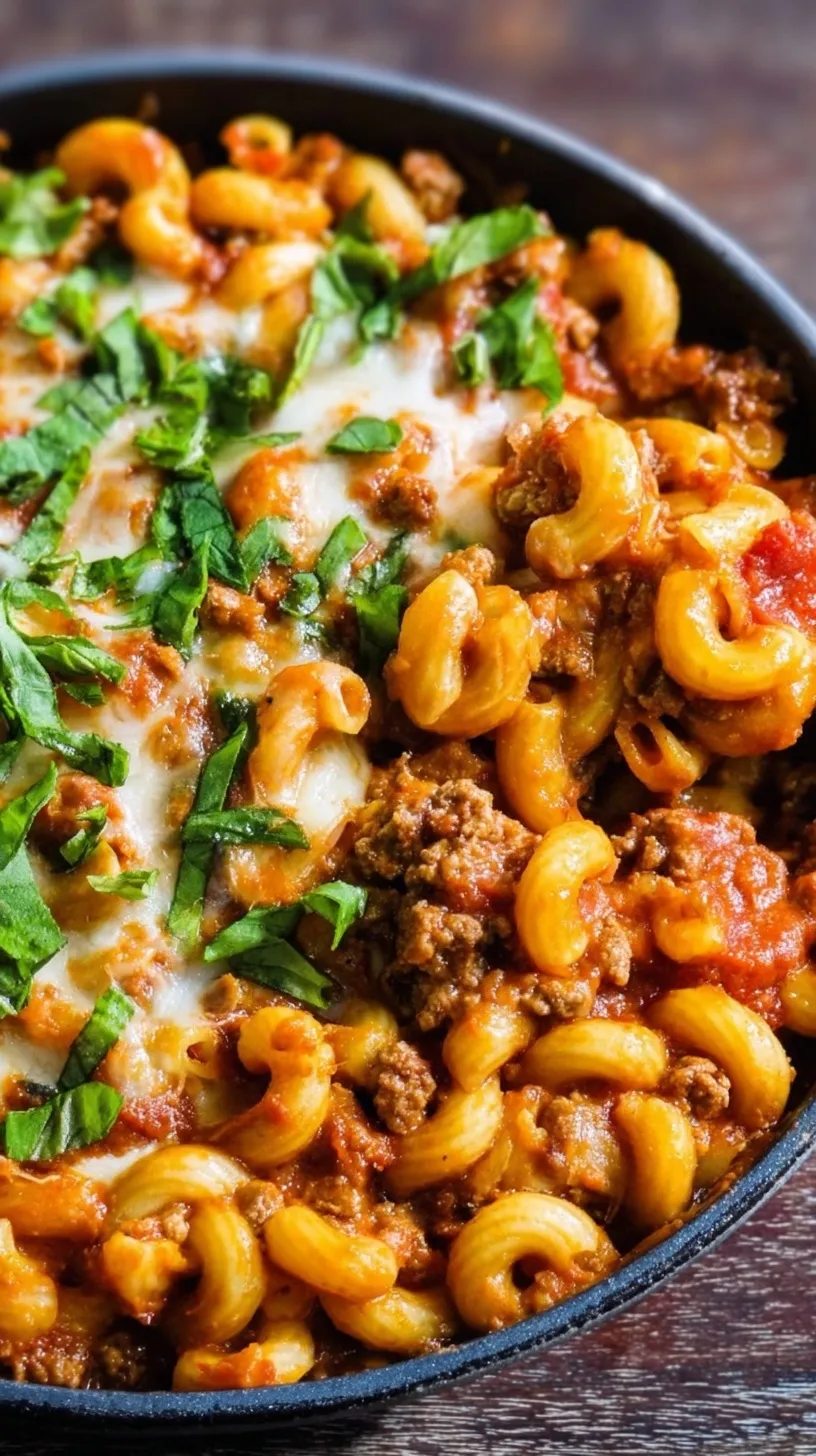 A steaming pan of cheesy high protein chili mac with beef and beans