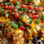 A skillet of cheesy southwest chicken rice with black beans, corn, and fresh cilantro