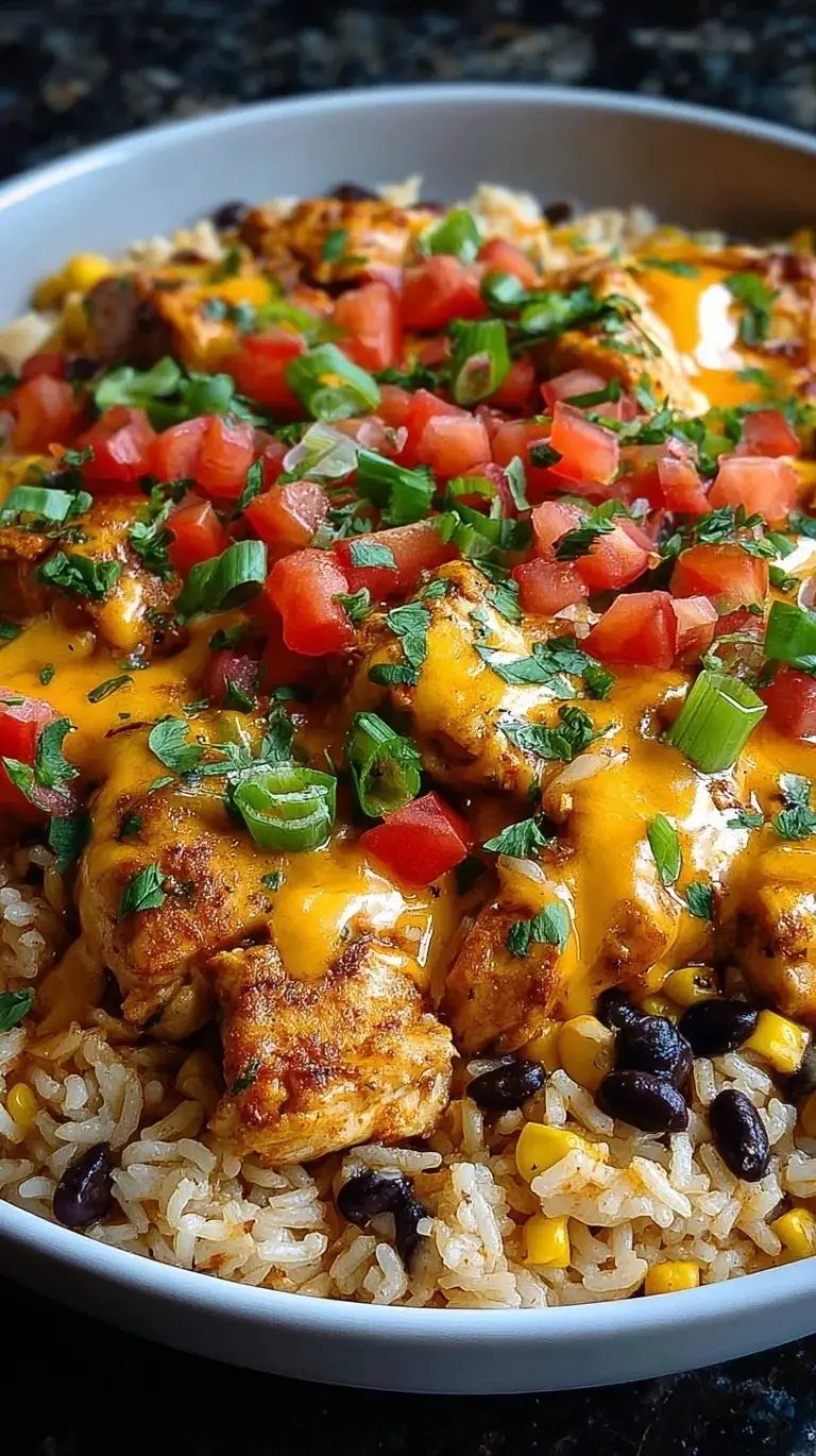 A skillet of cheesy southwest chicken rice with black beans, corn, and fresh cilantro