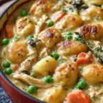 Creamy chicken pot pie filling with soft gnocchi and mixed vegetables in a large pot