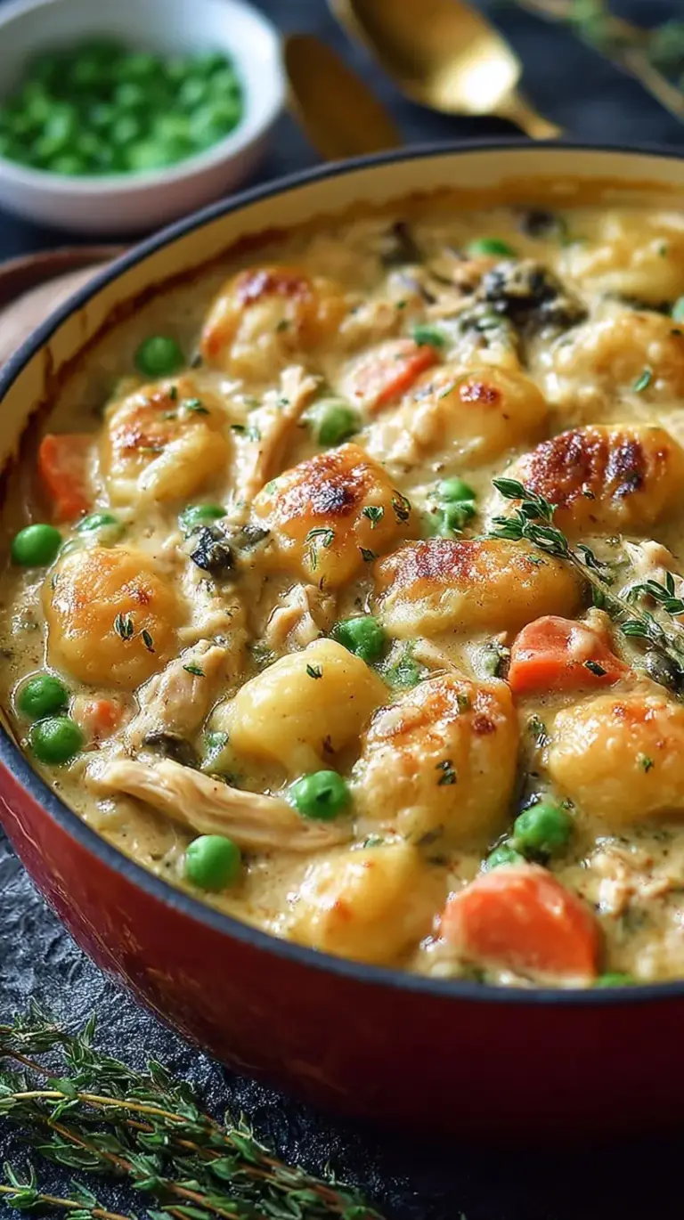 Creamy chicken pot pie filling with soft gnocchi and mixed vegetables in a large pot
