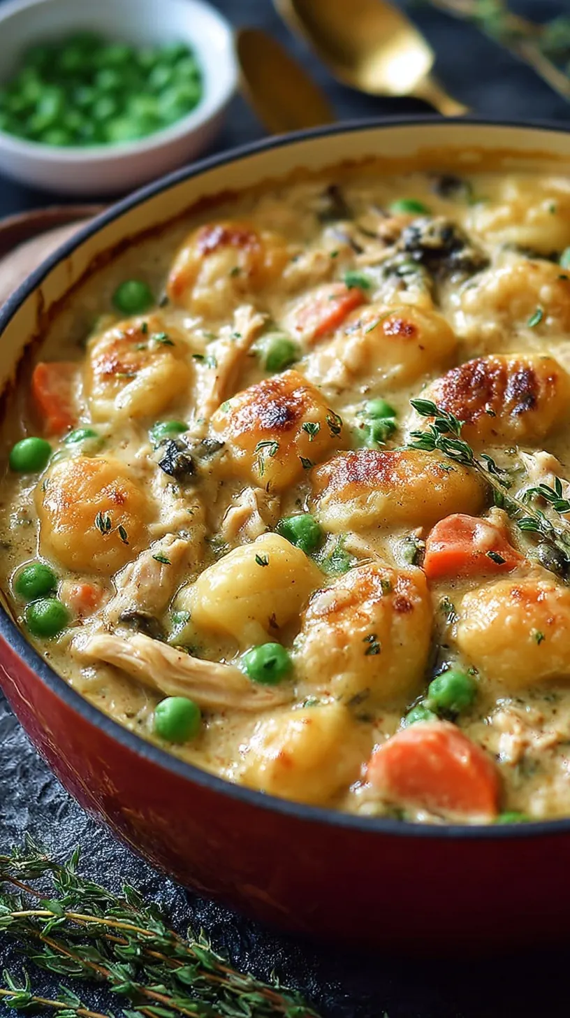 Creamy chicken pot pie filling with soft gnocchi and mixed vegetables in a large pot