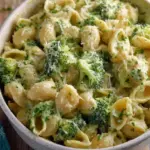 A creamy bowl of one pot macaroni and cheese with green broccoli florets and whole wheat pasta.