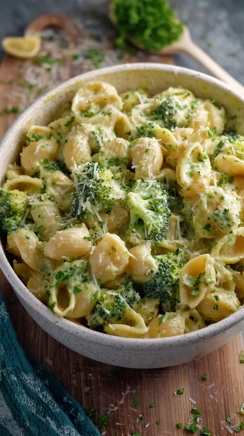 A creamy bowl of one pot macaroni and cheese with green broccoli florets and whole wheat pasta.