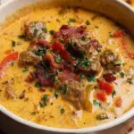 A bowl of creamy beef soup topped with bacon and a side of melted provolone toast.