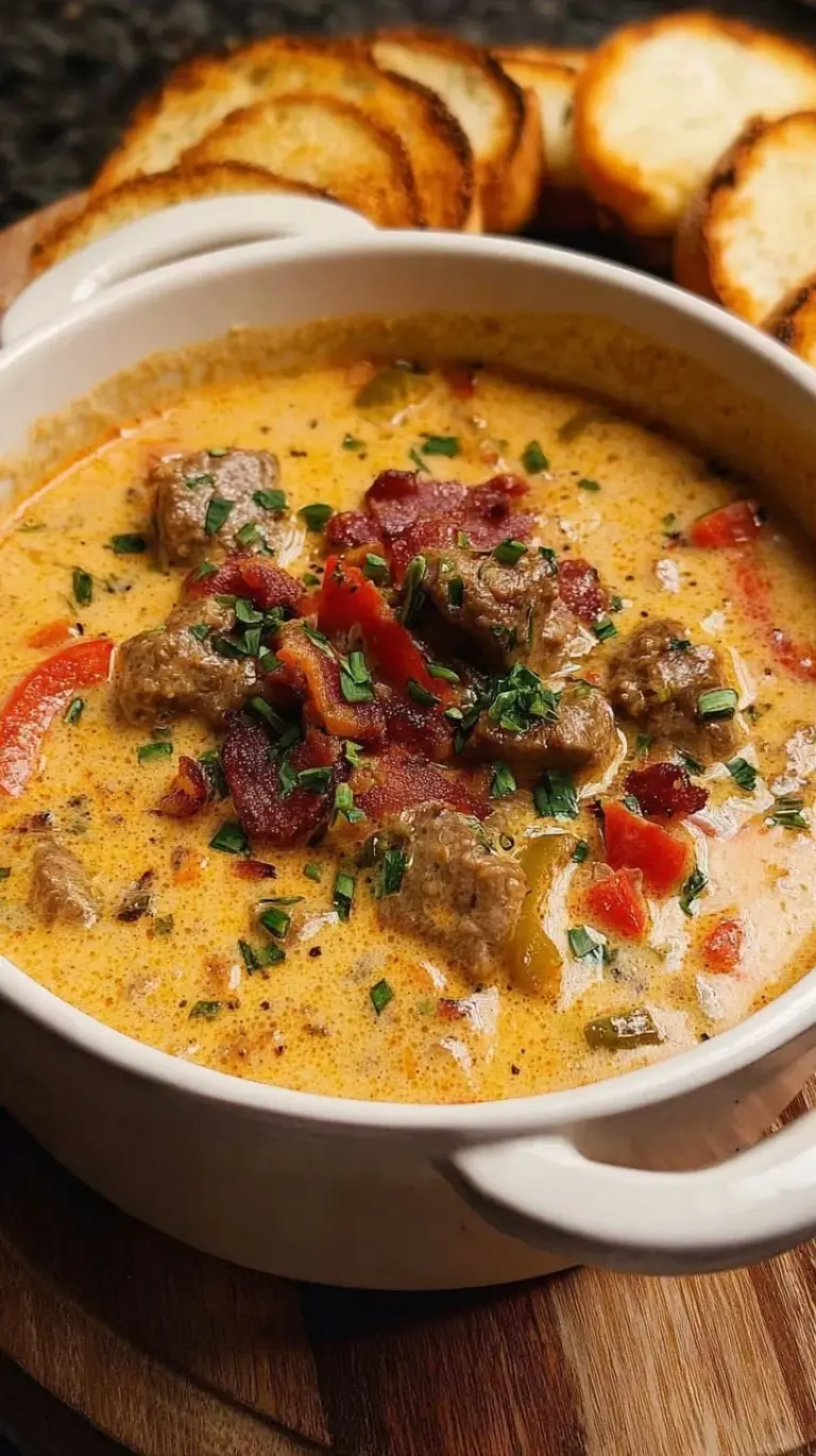 A bowl of creamy beef soup topped with bacon and a side of melted provolone toast.
