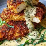Golden pan-seared Parmesan crusted chicken breasts drizzled with a rich and creamy garlic sauce in a skillet.