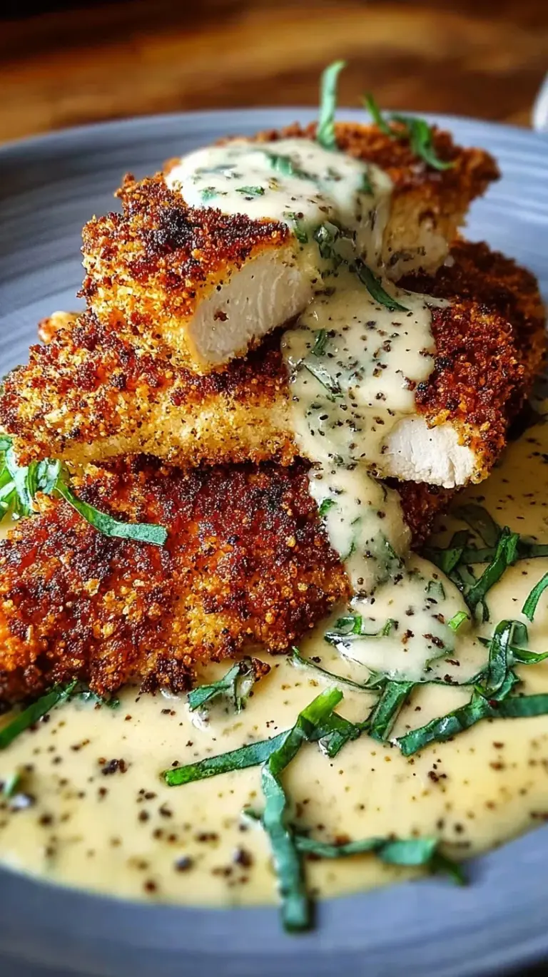 Golden pan-seared Parmesan crusted chicken breasts drizzled with a rich and creamy garlic sauce in a skillet.