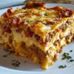 A bubbling dish of cheeseburger lasagna with melted mozzarella, crispy bacon bits, and golden parmesan cheese on top.