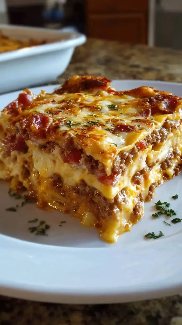 A bubbling dish of cheeseburger lasagna with melted mozzarella, crispy bacon bits, and golden parmesan cheese on top.