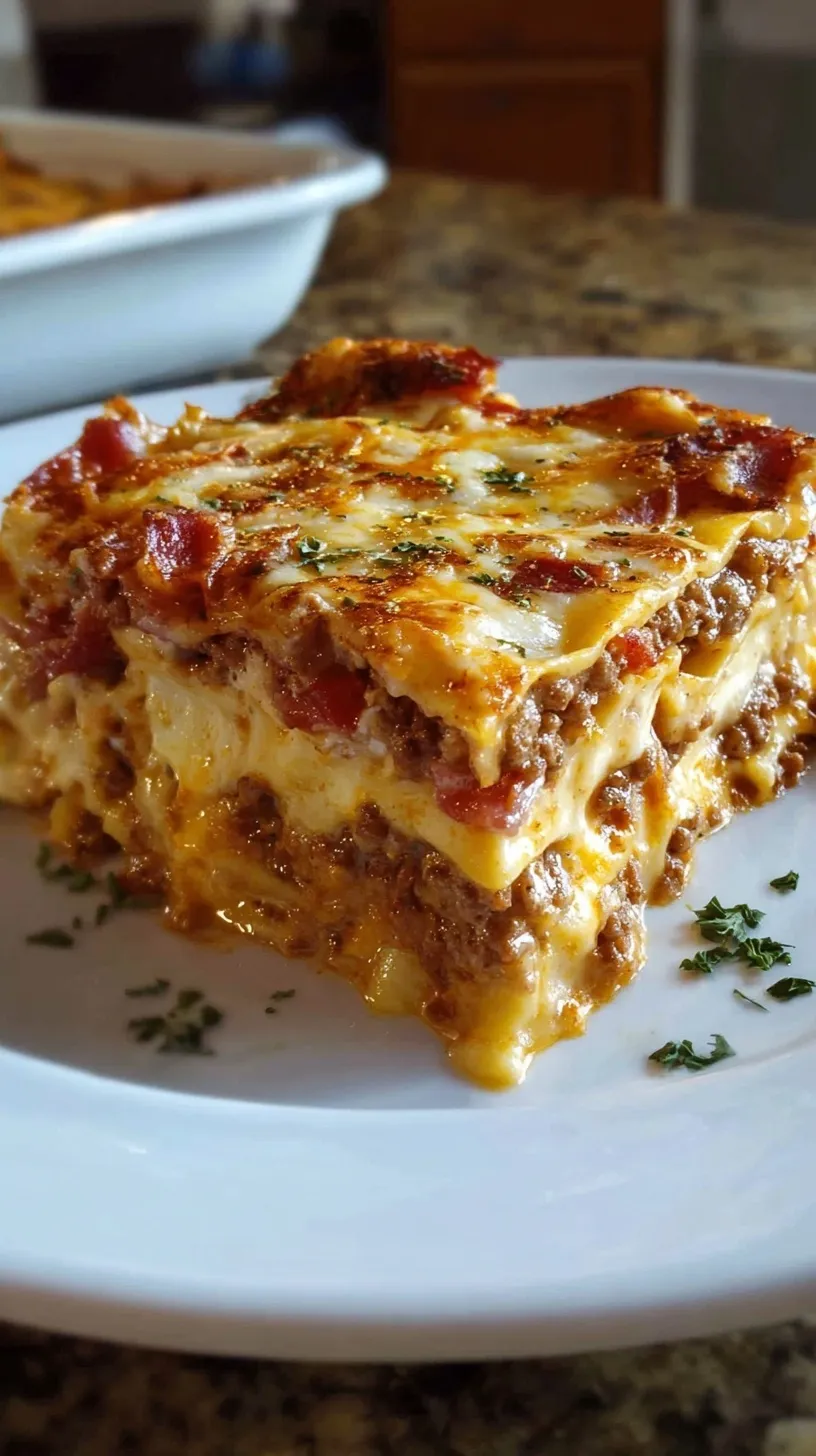 A bubbling dish of cheeseburger lasagna with melted mozzarella, crispy bacon bits, and golden parmesan cheese on top.