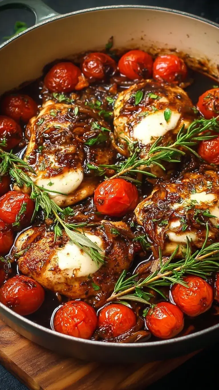 A sheet pan with roasted balsamic chicken breasts, asparagus, and cherry tomatoes