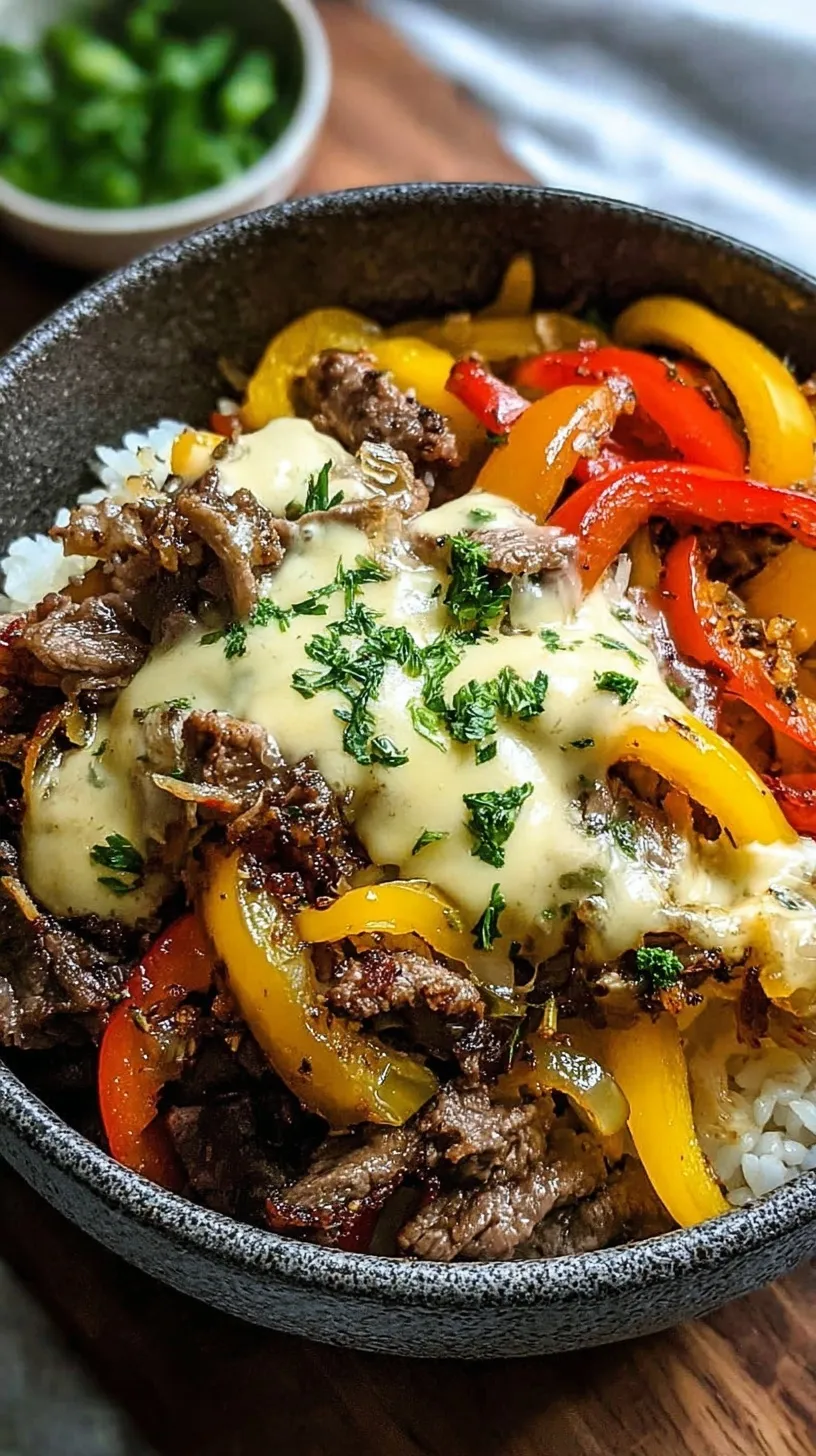 A bowl filled with thinly sliced ribeye steak, sautéed green peppers, onions, and melted provolone cheese.