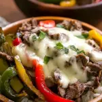 A cast iron skillet filled with thinly sliced ribeye, melted provolone, and sautéed peppers and onions.