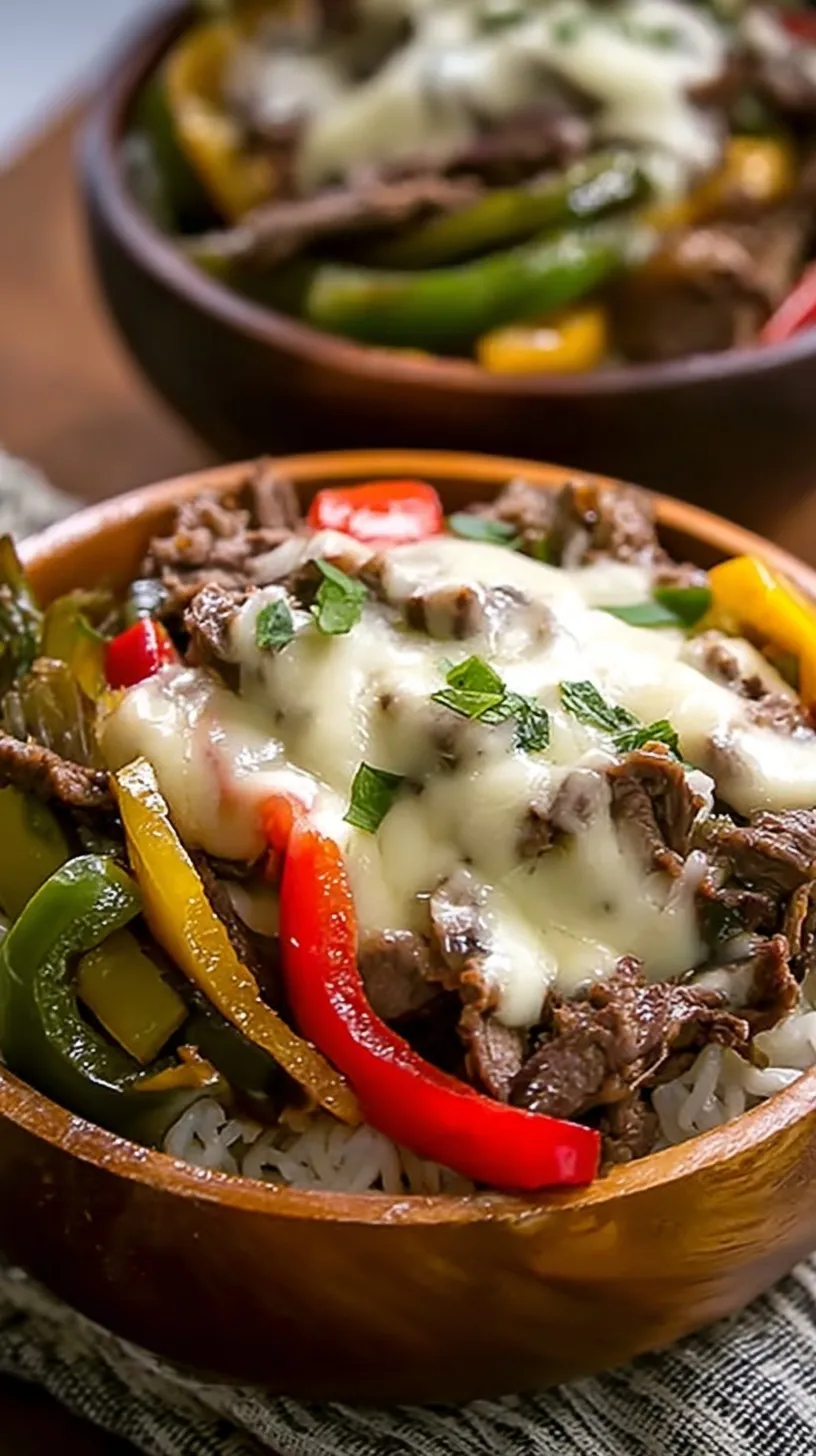 A cast iron skillet filled with thinly sliced ribeye, melted provolone, and sautéed peppers and onions.